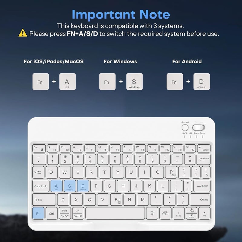Omoton Bluetooth Keyboard for Tablet/Android/Windows/iOS, with 7 Colors Backlight Rechargeable Wireless Mini Keyboard for Galaxy Tab A9+ / S9 FE / S10 / S11 / A11 Series etc, White - Image 3